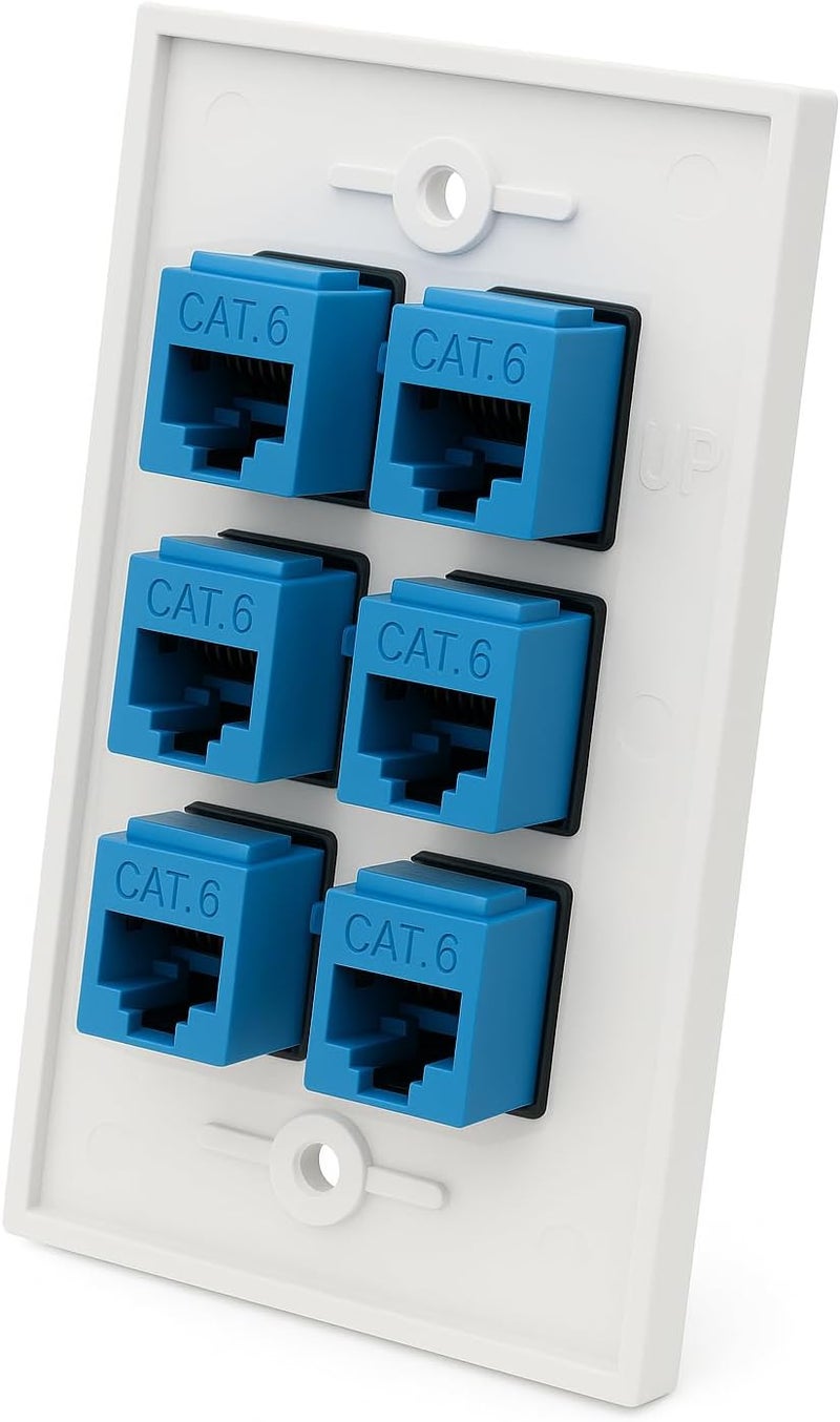 DIYTECH 6 Port Ethernet Wall Plate, Cat 6, Wall Outlet, RJ45 Female to Female Keystone Jacks - White - Image 2