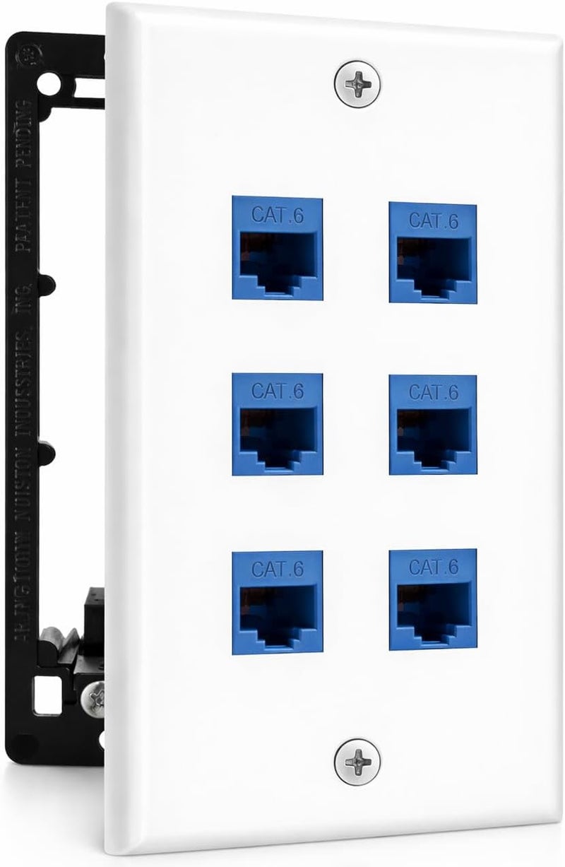 DIYTECH 6 Port Ethernet Wall Plate, Cat 6, Wall Outlet, RJ45 Female to Female Keystone Jacks - White - Image 1