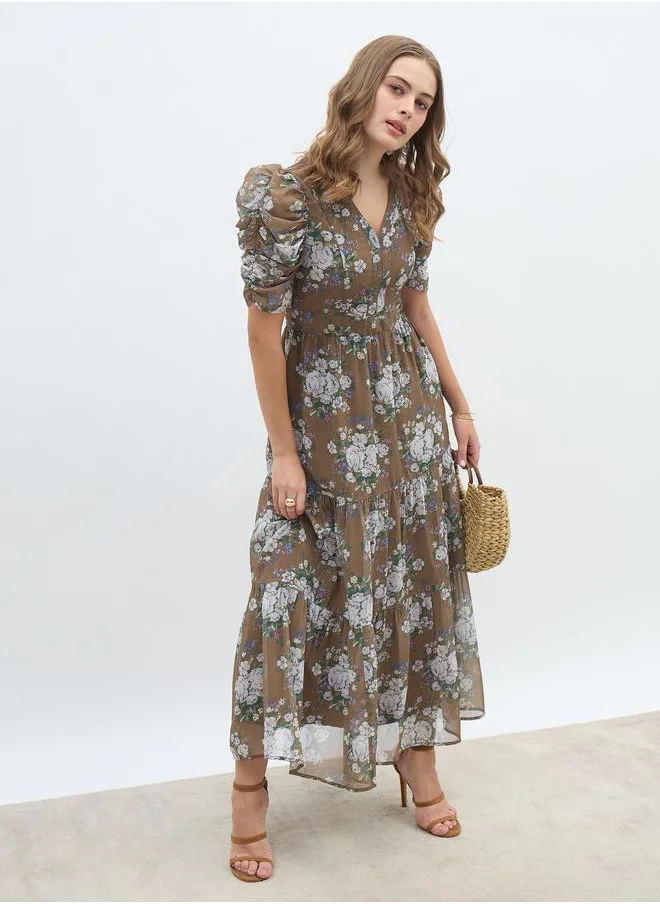 Styli Styli Floral Print Ruched Puff Sleeves Tiered Maxi Dress