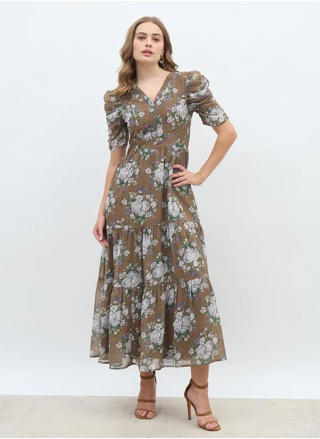Styli Styli Floral Print Ruched Puff Sleeves Tiered Maxi Dress