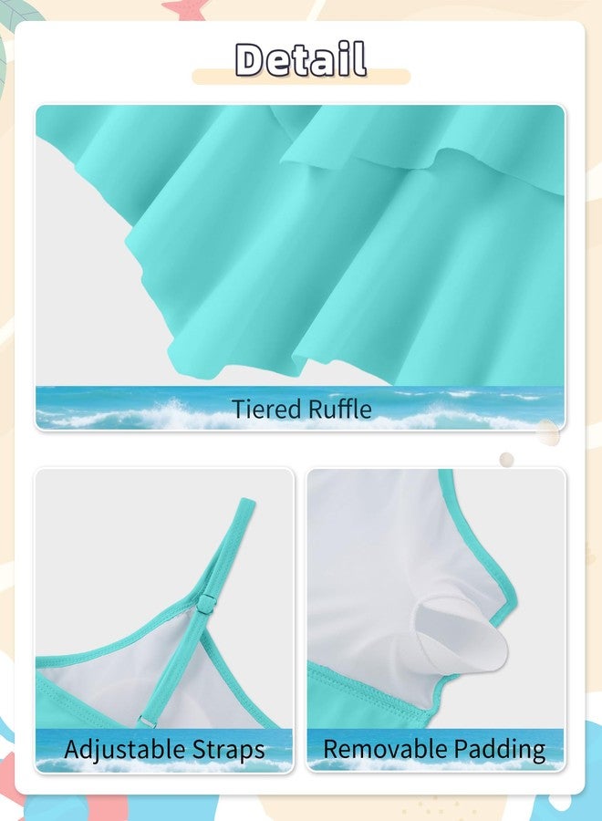 Jrbybazy Girls Swimsuit 2 Piece Tankini with Shorts Tiered Ruffle Swimwear Adjustable Straps Bathing Suit 6-14Y, Light Green, 13-14 Years - Image 4