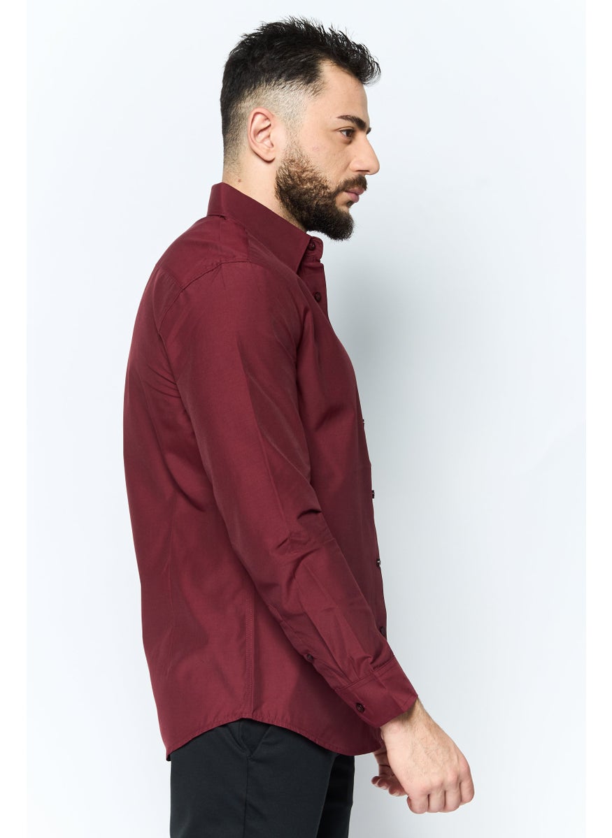 English Laundry Men Slim Fit Plain Long Sleeves Dress Shirt, Maroon  - Image 3