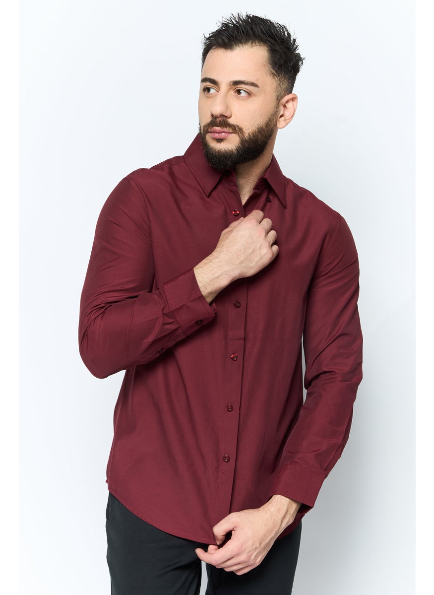 English Laundry Men Slim Fit Plain Long Sleeves Dress Shirt, Maroon  - Image 1