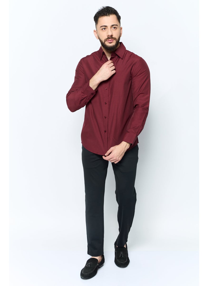 English Laundry Men Slim Fit Plain Long Sleeves Dress Shirt, Maroon  - Image 2