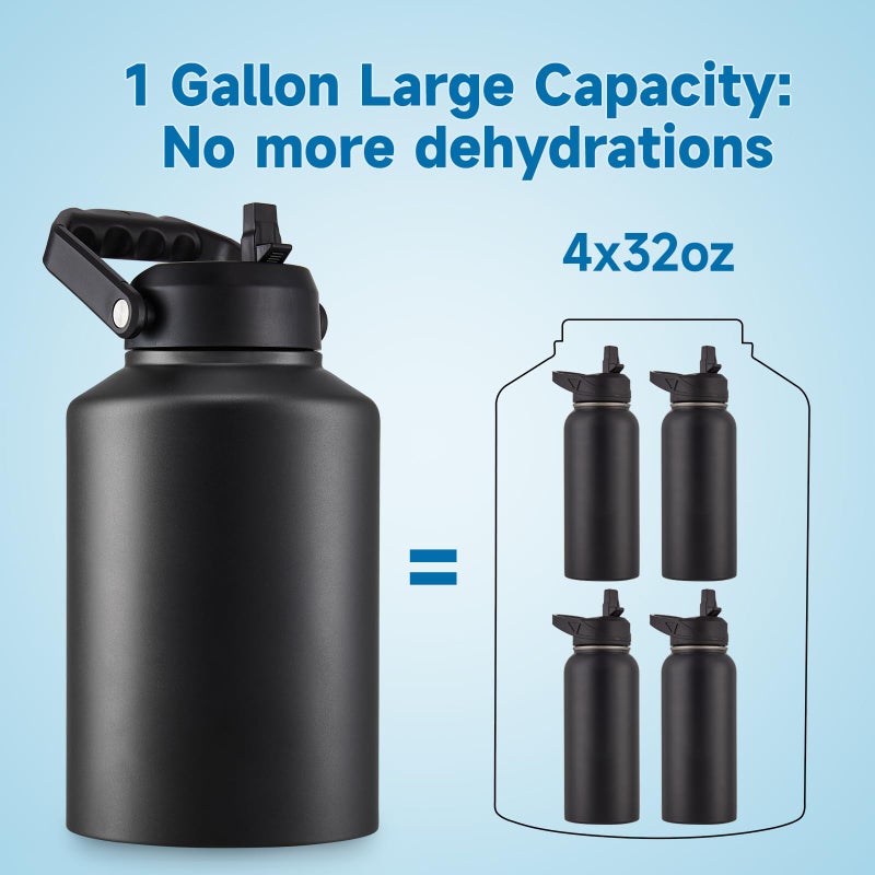 EALGRO Gallon Insulated Water Bottle Jug with Straw  128 oz Large Stainless Steel Sports Metal Water Canteen With Handle  Thermal Water Cup Mug with 2 Lids  Navy Blue - Image 3