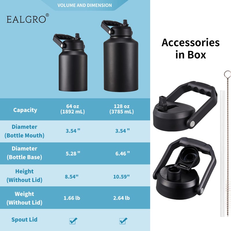 EALGRO Gallon Insulated Water Bottle Jug with Straw  128 oz Large Stainless Steel Sports Metal Water Canteen With Handle  Thermal Water Cup Mug with 2 Lids  Navy Blue - Image 4