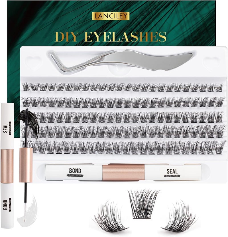 Lash Extension Kit 120 Pcs Individual Lashes Soft Light Thin Band Cluster Lashes Eyelash Extension Kit C D Curl Lash Clusters with Bond and Seal Tweezers DIY at Home Mix 1016mm L17