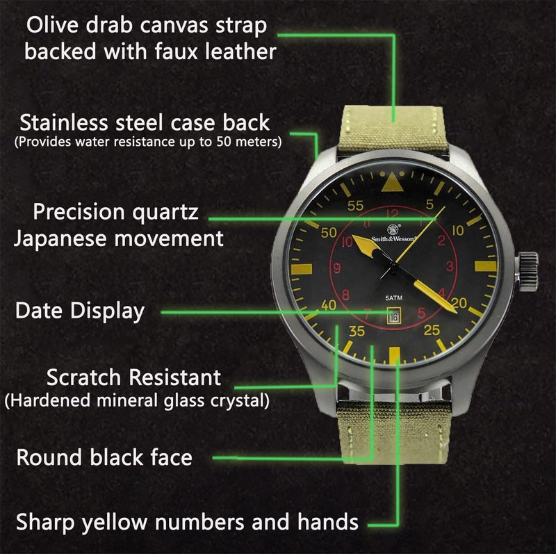 Smith & Wesson Men's N.A.T.O. Watch, 5ATM, Japanese Movement, Stainless Steel, Water Resistant, Tactical Watch, Precision Quart, Scratch Resistant, Date Display, 48mm - Image 3