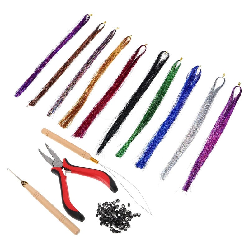 Sparkling Hair Tinsel Extensions Kit with 18 Shades, Hook, Loop Tool, and 200 Rings for Women Festival Party Hair Accessories - Image 1