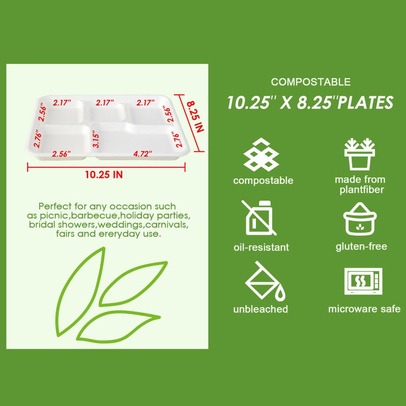 Vplus 100% Compostable 5 Compartment Plates 125 Pack Eco-Friendly Disposable Sugarcane 10 x 8 inch Bagasse School Lunch Tray Perfect for Boys and Girls - Image 3