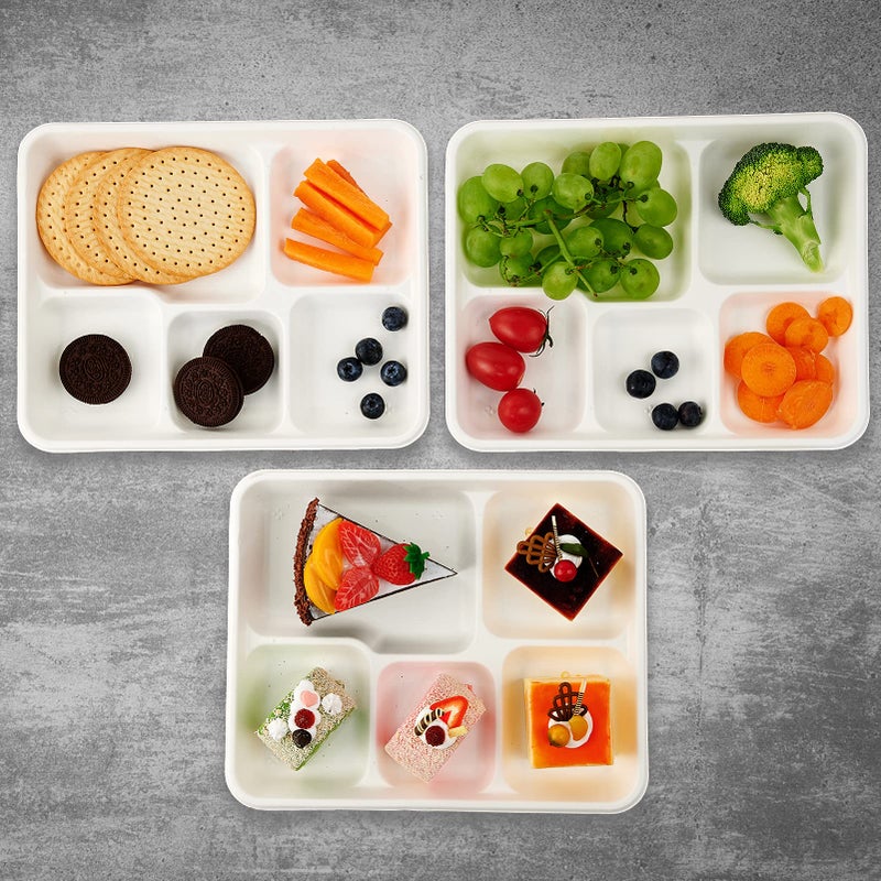 Vplus 100% Compostable 5 Compartment Plates 125 Pack Eco-Friendly Disposable Sugarcane 10 x 8 inch Bagasse School Lunch Tray Perfect for Boys and Girls - Image 4
