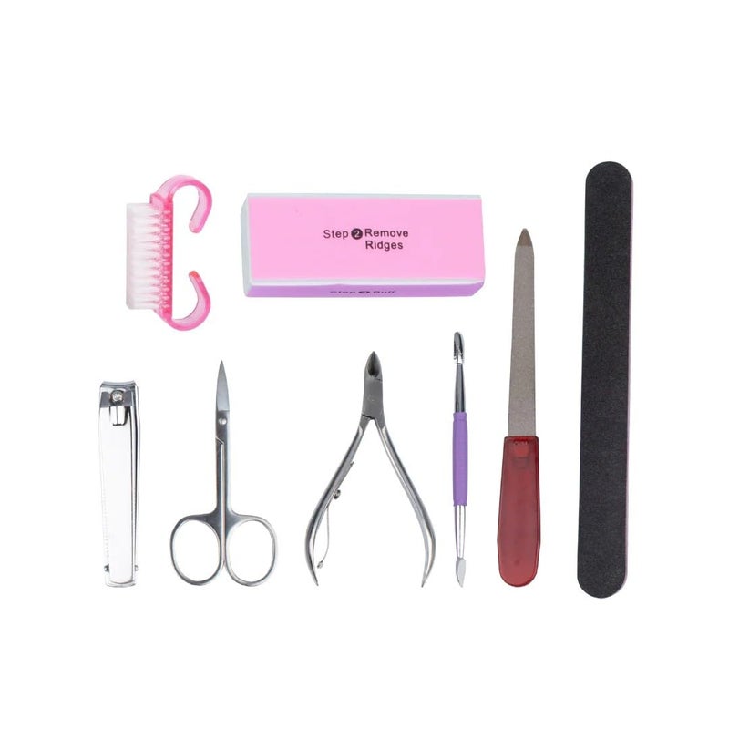 FOLELLO Manicure Pedicure Kit for Women and Men 8in1 Tool Kit Nail Brush Nail Cutter Grooming Scissor Nail Nipper Cuticle Pusher Nail Filer Nail Buffer Nail Scrubber