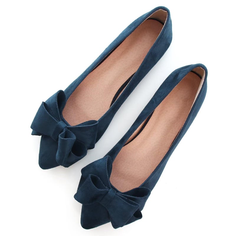 SAILING LU BowKnot Ballet Flats Womens Pointy Toe Flat Shoes Suede Dress Shoes Wear to Work Slip On Moccasins Navy Size 85