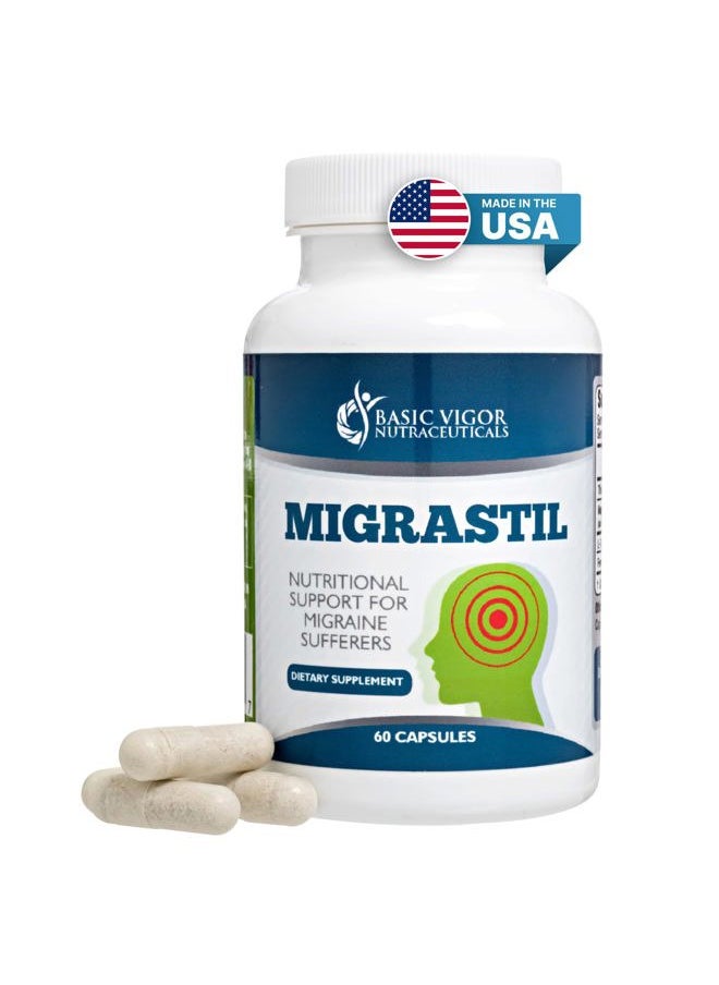 Basic Vigor Migrastil Migraine Support Capsules. Feverfew, Magnesium, Taurine & Vitamin B1 for Migraines Natural Supplement. Made in The USA. Vegan and Gluten Free.  - Image 1