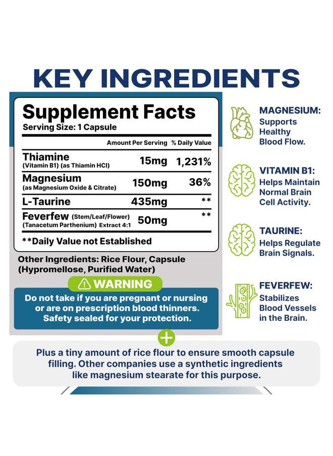 Basic Vigor Migrastil Migraine Support Capsules. Feverfew, Magnesium, Taurine & Vitamin B1 for Migraines Natural Supplement. Made in The USA. Vegan and Gluten Free.  - Image 3
