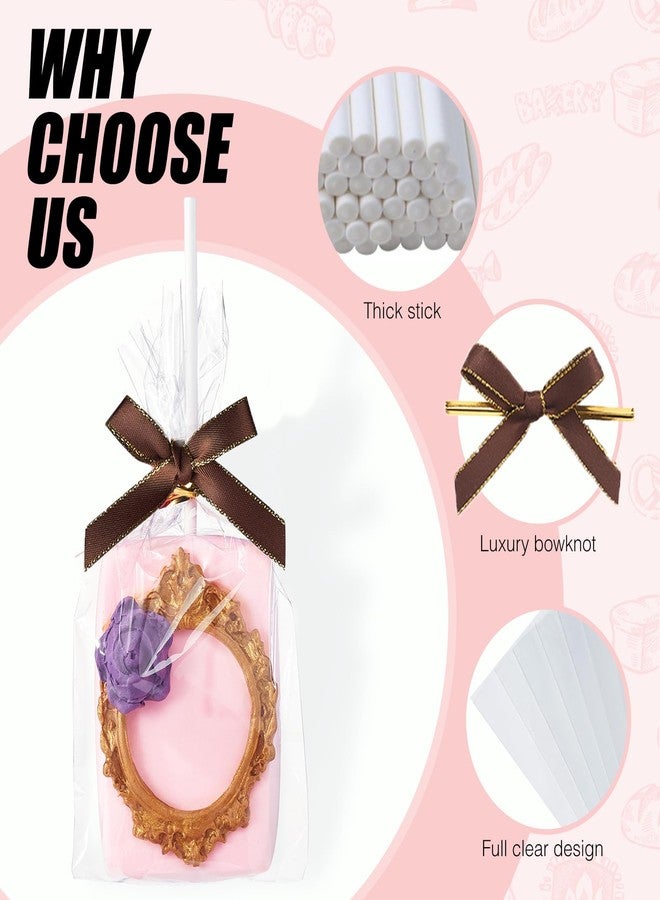 RomanticBaking 50 Sets Clear Rice Krispie Treat Bags with Brown Ribbon Bow and Stick & Flat Cellophane Clear Bags for Rice Krispie Treats Gift Giving Bag(Gold) - Image 3