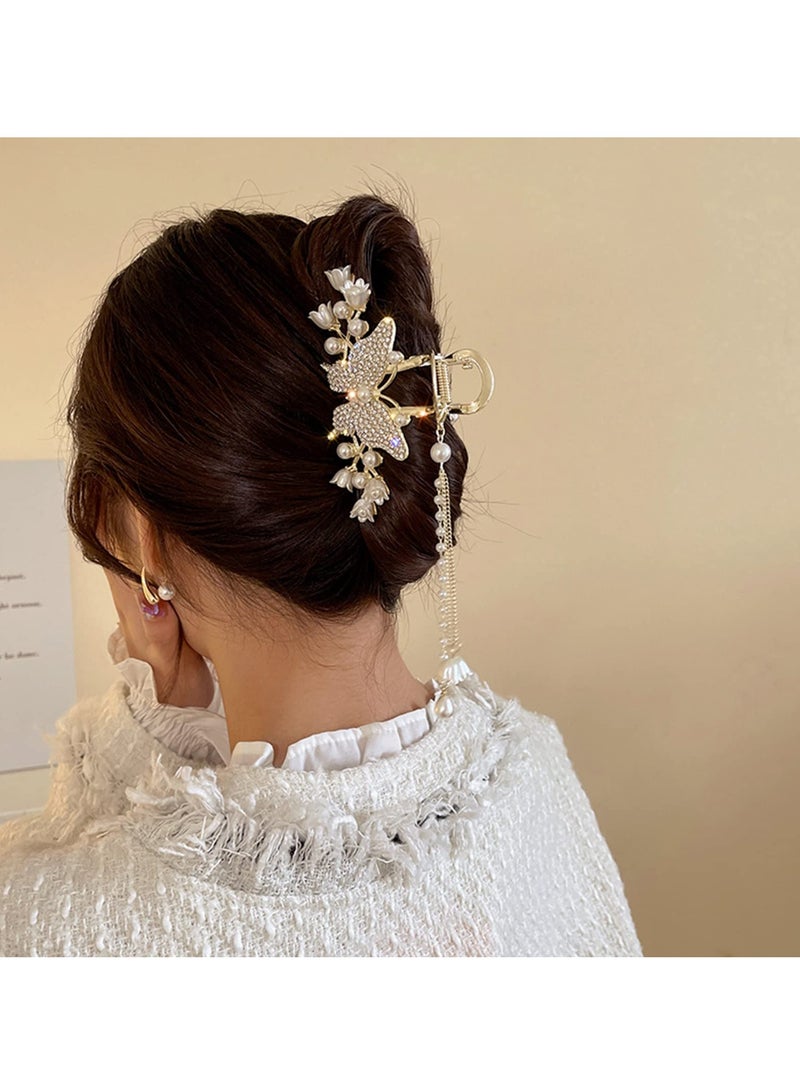 KASTWAVE 1Pcs erfly Hair Clip, Tassel Metal Hair Claw Clips, with Rhinestones, Bell Orchids Pearl Tassel Gold Fashion Nonslip Hair Clips for Thick Thin Long Hair Women Girls Styling Tools Hair Accessories - Image 5