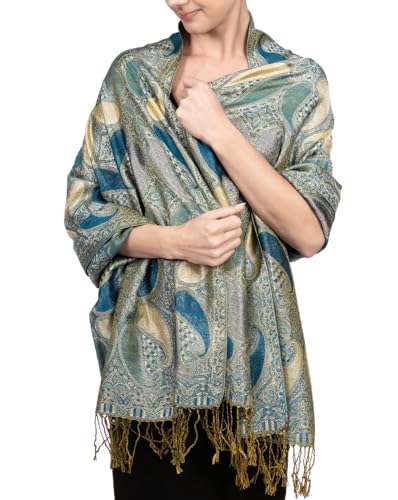 Achillea Women’s Paisley Pattern Sparkling Metallic Pashmina Shawl Wrap Scarf Stole (Turquoise) - Image 2