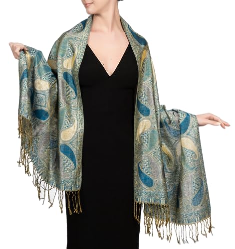 Achillea Women’s Paisley Pattern Sparkling Metallic Pashmina Shawl Wrap Scarf Stole (Turquoise) - Image 1