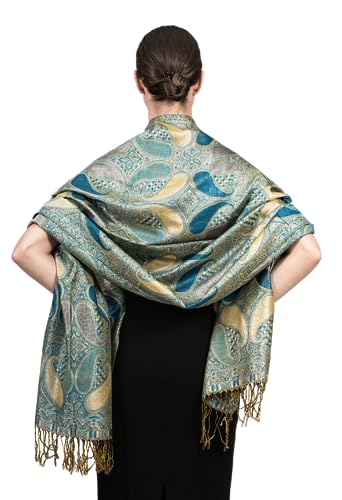 Achillea Women’s Paisley Pattern Sparkling Metallic Pashmina Shawl Wrap Scarf Stole (Turquoise) - Image 5