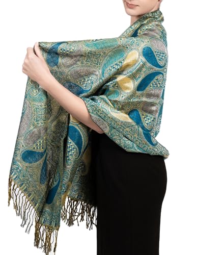 Achillea Women’s Paisley Pattern Sparkling Metallic Pashmina Shawl Wrap Scarf Stole (Turquoise) - Image 4