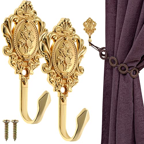 OULII 2-Pack Vintage Drapery Curtain Holdbacks Tieback Hooks Rose Pattern (Golden) - Image 4