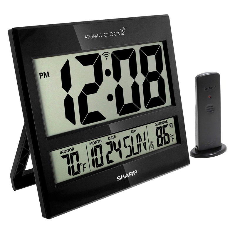 Sharp Atomic Clock Never Needs Setting Jumbo 3 Easy to Read Numbers IndoorOutdoor Temperature Display with Wireless Outdoor Sensor Gloss Black