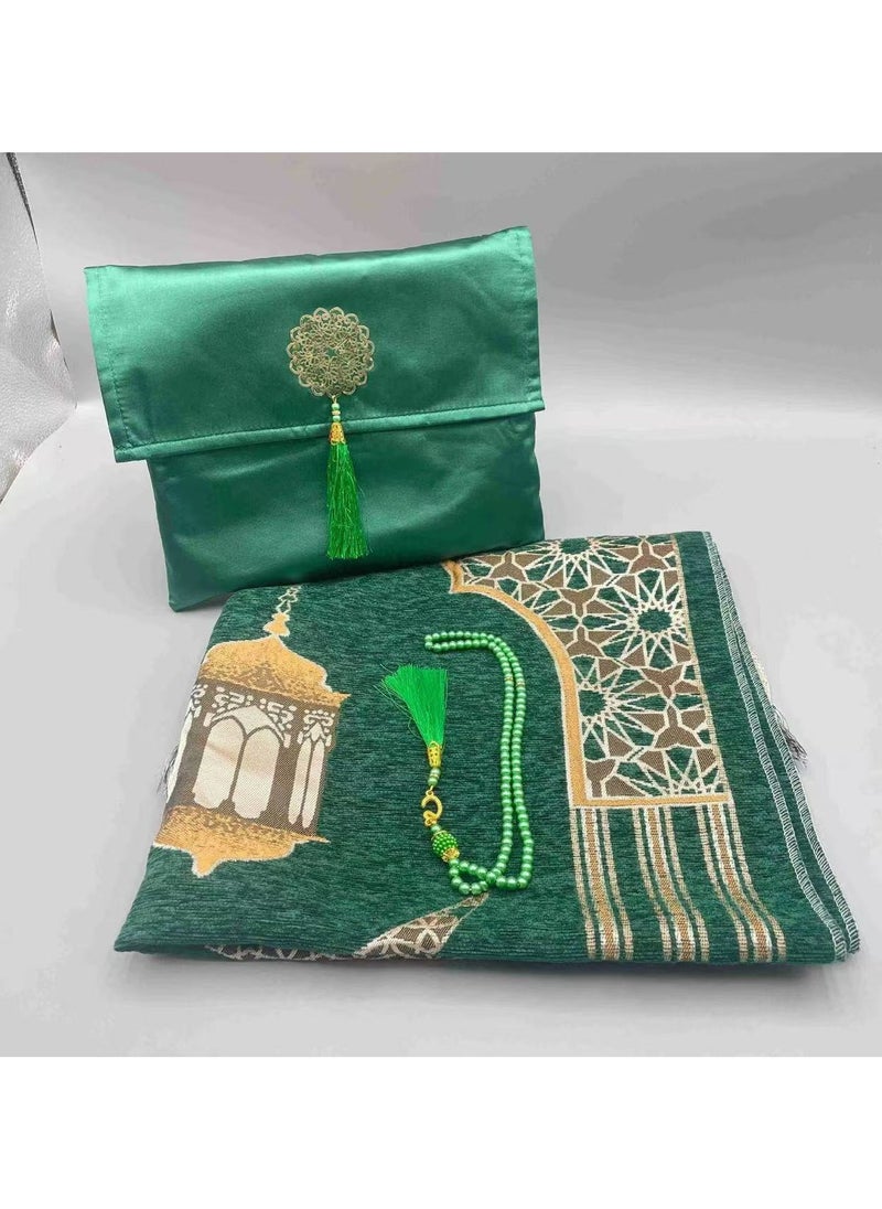 Beauenty Muslim Prayer Rug with Tasbih and Portable Bag/ New Moon Pattern/ Muslim Gift for Women Men, Mubarak Islamic Box, Soft Mat Islam Gifts Set( Emerald)/ 110*70cm  - Image 1