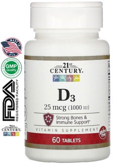 21st CENTURY Vitamin D3 to Support Bone and Muscle Health 25 mcg (1,000 IU) 60 Tablets  - Image 1