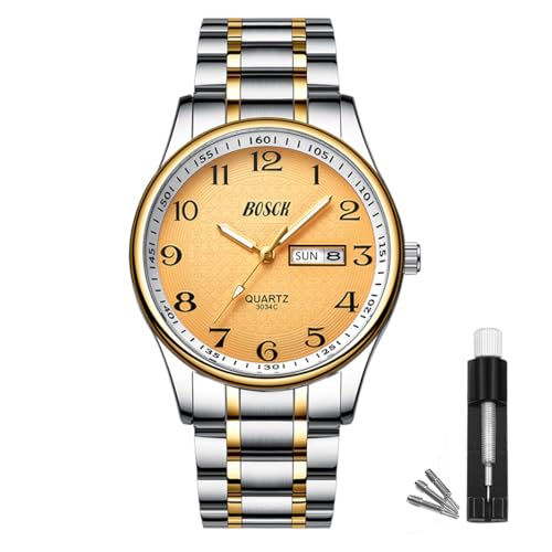 BOSCK Watch for Men,40mm Easy Read Auto Date and Day Stainless Steel Business Mens Watch，Gold-Gold - Image 1
