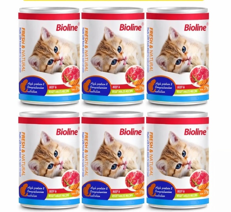 بايولاين طعام قطط معلب 375 جم – لحم بقري وخضروات (عبوة 6 علب) - Image 1