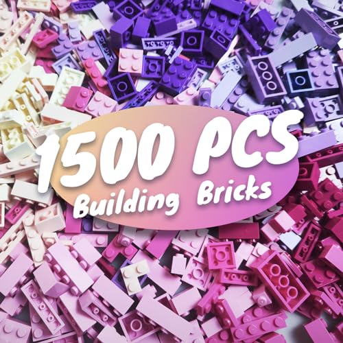 HUIZDQ مجموعة هويزدق 1500 قطعة من الطوب للبناء للبنات من عمر 6 إلى 8 سنوات 12 مجموعة كلاسيكية من الكتل الصغيرة باللون الوردي والأرجواني والأبيض - Image 1