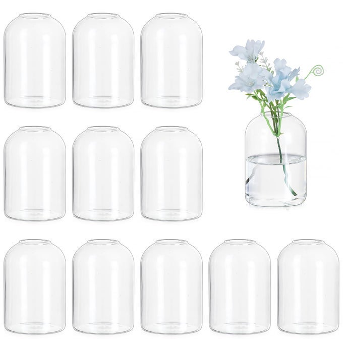 GLASS BUD VASES FOR CENTERPIECES SET OF 12 BLOWN CLEAR SMALL VASE BULK MINI CUTE FLOWER VASE FOR FLORAL ARRANGEMENT MODERN DECORATIONS FOR WEDDING PARTY EVENT TABLE DECOR 37H275D