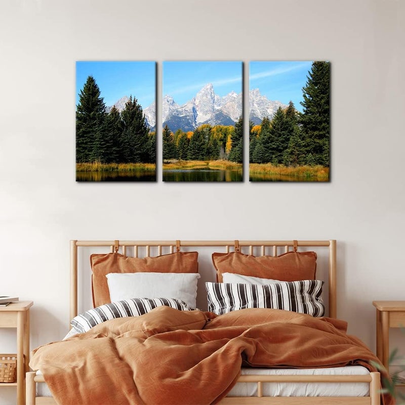 Pacimo 3 Pieces Canvas Art Wall Decor Grand Teton National Park Pictures Natural Landscape Painting Pond Prints on Canvas Modern Artwork Stretched and Framed Ready to Hang - 16"x24"x3 Panels - Image 4