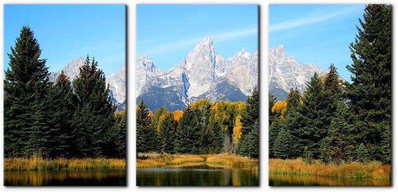 Pacimo 3 Pieces Canvas Art Wall Decor Grand Teton National Park Pictures Natural Landscape Painting Pond Prints on Canvas Modern Artwork Stretched and Framed Ready to Hang - 16"x24"x3 Panels - Image 1