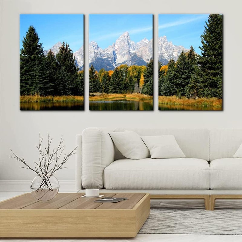 Pacimo 3 Pieces Canvas Art Wall Decor Grand Teton National Park Pictures Natural Landscape Painting Pond Prints on Canvas Modern Artwork Stretched and Framed Ready to Hang - 16"x24"x3 Panels - Image 2