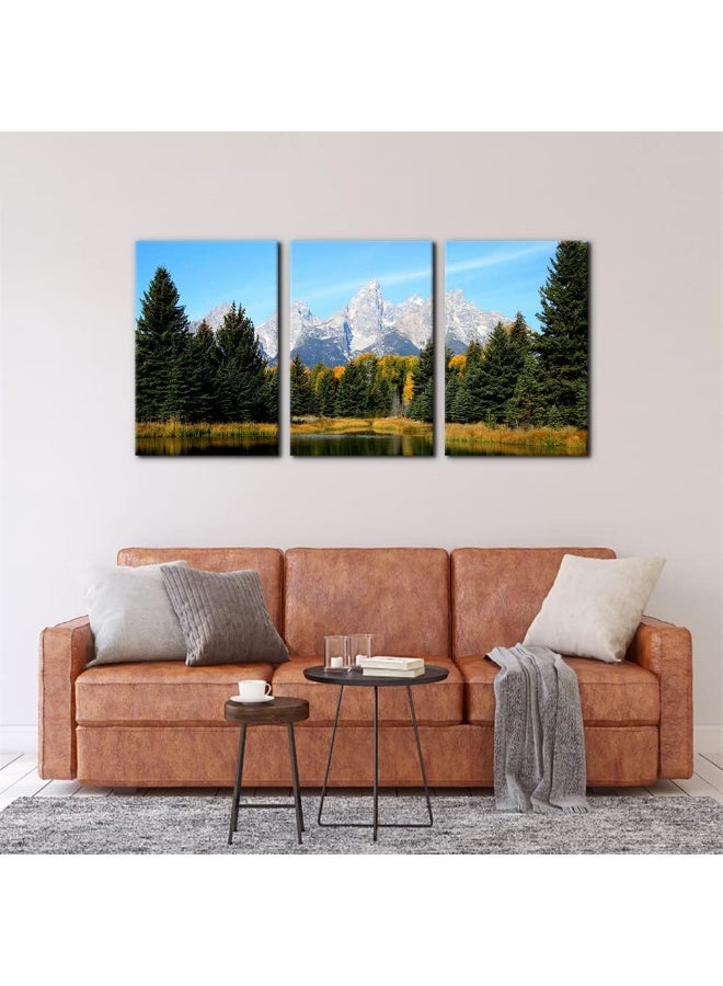 Pacimo 3 Pieces Canvas Art Wall Decor Grand Teton National Park Pictures Natural Landscape Painting Pond Prints on Canvas Modern Artwork Stretched and Framed Ready to Hang - 16"x24"x3 Panels - Image 3