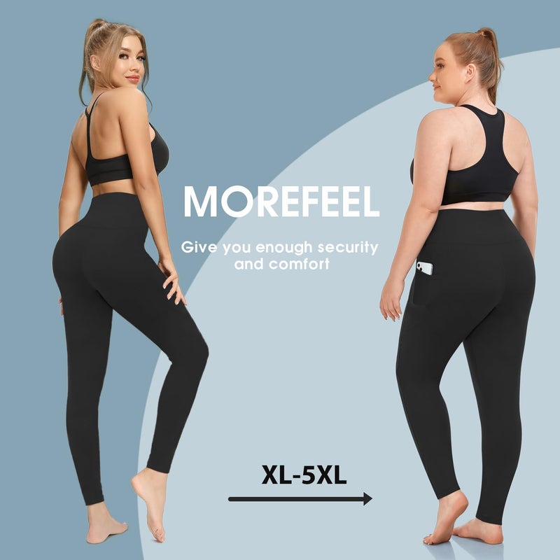 MOREFEEL Plus Size Leggings for Women with Pockets-Stretchy X-5XL Tummy Control High Waist Womens Leggings Workout Black Yoga Pants Plus Size Pants - Image 4