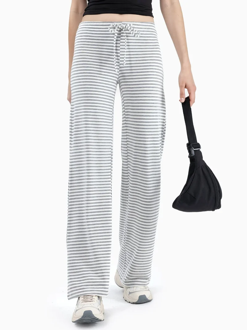 بوسيم BUSEM Wide Leg Striped Trousers with Drawstring Waist