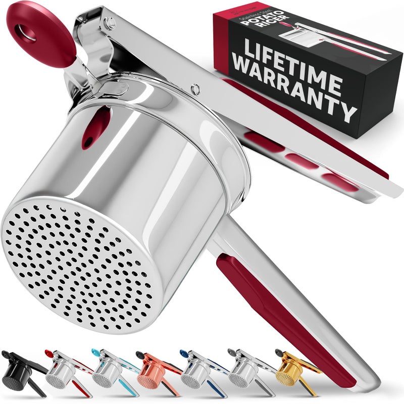 أداة ضغط البطاطس الثقيلة من PriorityChef بسعة 15 أونصة مصنوعة من الفولاذ المقاوم للصدأ، أداة مطبخ لهرس البطاطس وتحضيرها بشكل مثالي في كل مرة، باللون الأحمر