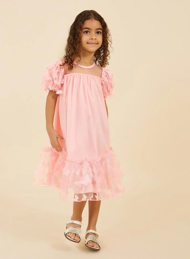 Styli Butterfly Applique Mesh Off Shoulder Dress with Bag