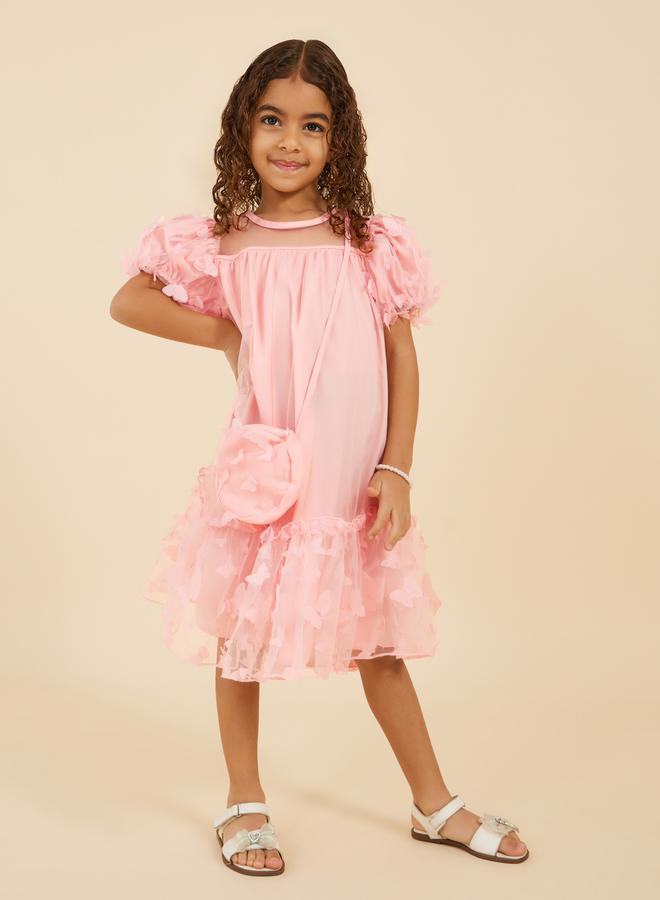 Styli Butterfly Applique Mesh Off Shoulder Dress with Bag - Image 1