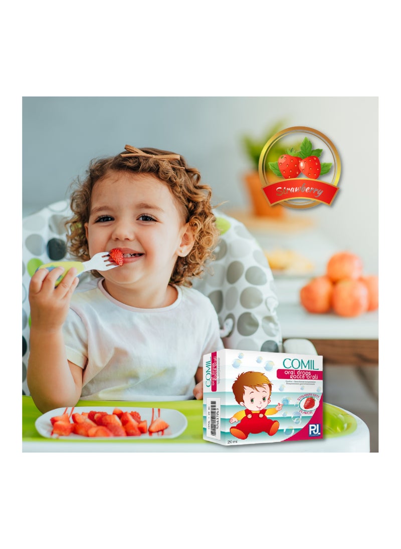 PJ PHARMA - Comil Oral Drops Strawberry Flavor 20ml - Relief from Gastrointestinal Gas and Related Symptoms in Infants, Children, and Adults - Image 1