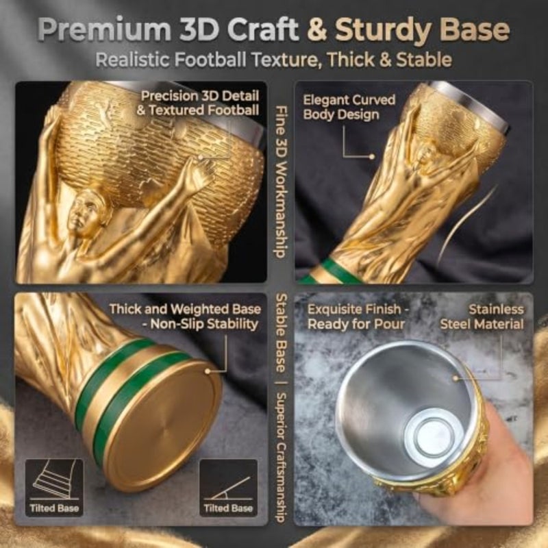 كأس كرة القدم نصف لتر من زجاج ويزن بيلسنر لكأس العالم لكرة القدم 2026 300 مل/11 أونصة/الراتنج والفولاذ المقاوم للصدأ/ كوب بيرة مبتكر/ هدية كأس العالم/ ديكور بار رياضي/ هدية لمشجعي كرة القدم وحفلة البطل - Image 2