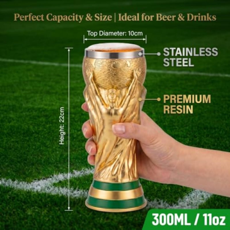 كأس كرة القدم نصف لتر من زجاج ويزن بيلسنر لكأس العالم لكرة القدم 2026 300 مل/11 أونصة/الراتنج والفولاذ المقاوم للصدأ/ كوب بيرة مبتكر/ هدية كأس العالم/ ديكور بار رياضي/ هدية لمشجعي كرة القدم وحفلة البطل - Image 3