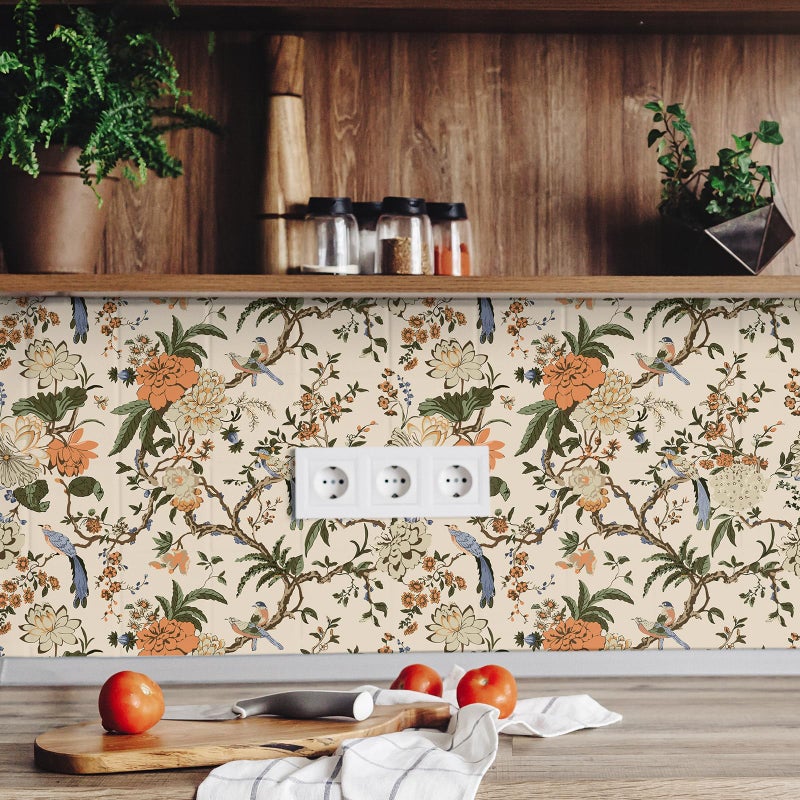 Drydiet Chinoiserie Peel and Stick Wallpaper Removable Self Adhesive Wallpaper Floral Birds Contact Jacobean Vintage Contact Paper for Bedroom (Brown,118.1" X 15.75") - Image 5