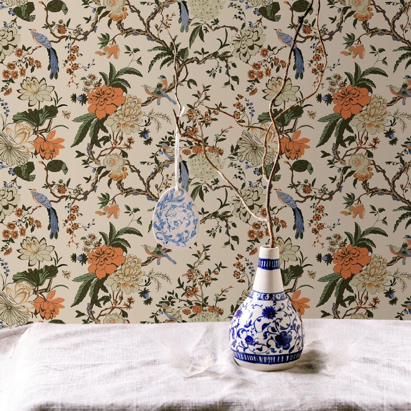 Drydiet Chinoiserie Peel and Stick Wallpaper Removable Self Adhesive Wallpaper Floral Birds Contact Jacobean Vintage Contact Paper for Bedroom (Brown,118.1" X 15.75") - Image 2