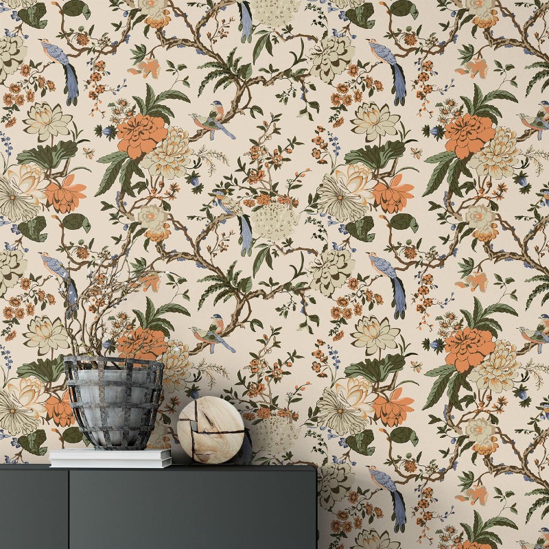 Drydiet Chinoiserie Peel and Stick Wallpaper Removable Self Adhesive Wallpaper Floral Birds Contact Jacobean Vintage Contact Paper for Bedroom (Brown,118.1" X 15.75") - Image 1