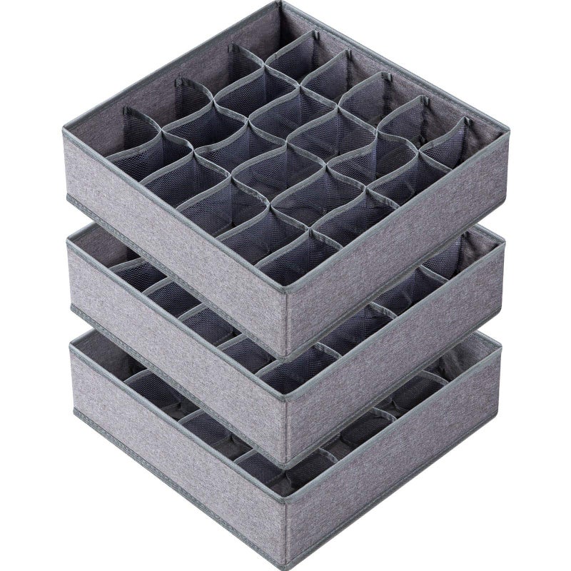 Criusia 3 Pack Sock Underwear Drawer Organizer Dividers, 64 Cell Fabric Foldable Dresser Organizer for Closet Organizers and Storage Boxes for Organizing Socks, Underwear, Ties (16+24+24 Cell, Gray) - Image 1