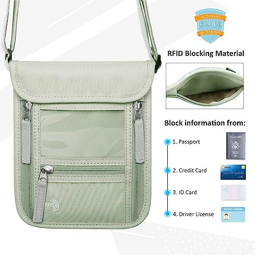 WALNEW Passport Holder Neck Pouch Travel Wallet for Women and Men, RFID Blocking Security Slim Traveling Wallet with Around Neck Lanyard Strap, Light Green - Image 3
